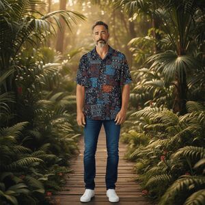 VatPave Men's Short Sleeve Button Down Patchwork Print Blue‎ Red Size 3X